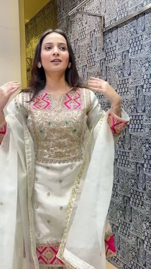 Ivory & Pink Handcrafted Embroidered Kurta Set with Sharara & Dupatta